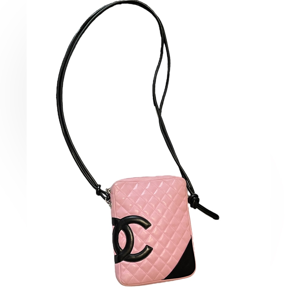 Authentic Chanel Cambon crossbody quilted Pink & black lambskin Y2K EUC